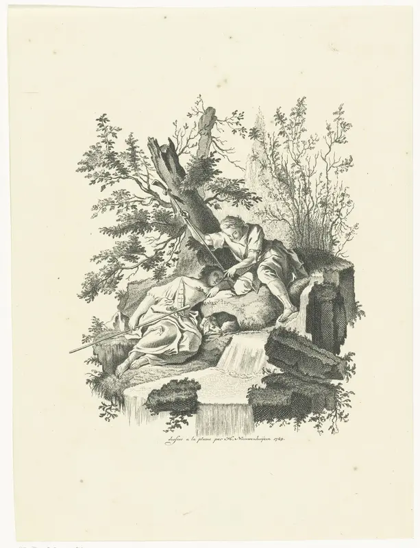 Rustende herderin en herder bij watervalletje Wall Art by Hendrik Nieuwenhuysen - High-Resolution Digital Print
