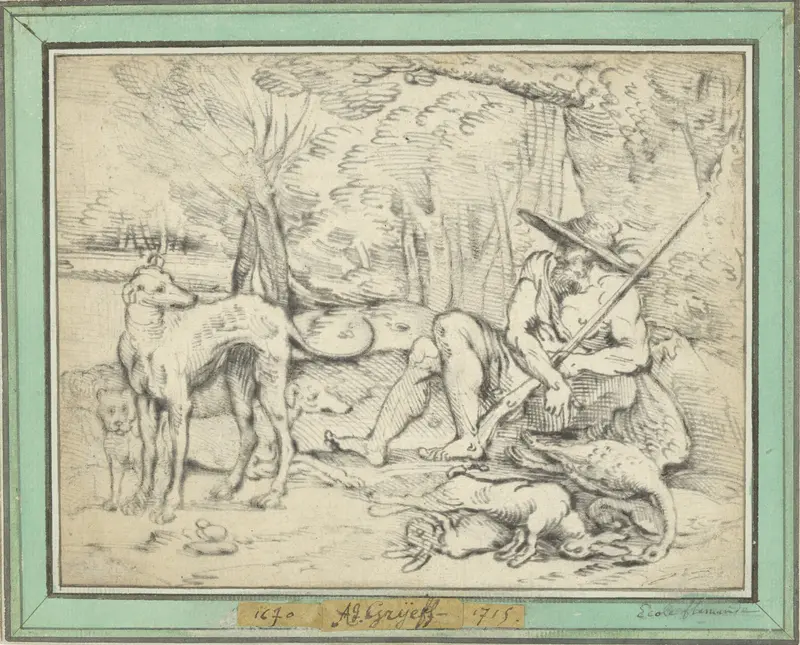 Rustende jager met honden en jachtbuit Wall Art by Adriaen de Gryef - High-Resolution Digital Print