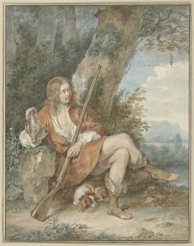 Rustende jager met musket en patrijs, bij een boom Wall Art by Aert Schouman - High-Resolution Digital Print