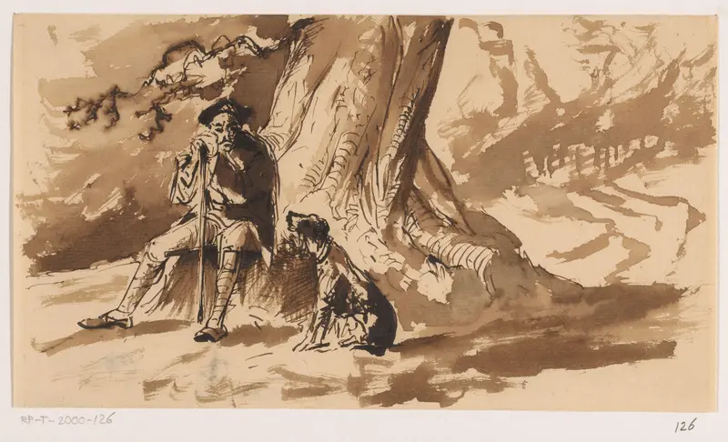 Rustende jager met zijn hond bij een grote boom Wall Art by Unknown - High-Resolution Digital Print