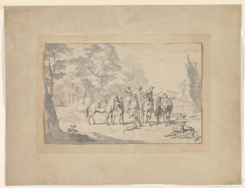 Rustende jagers in een bosrijk landschap Wall Art by Unknown - High-Resolution Digital Print