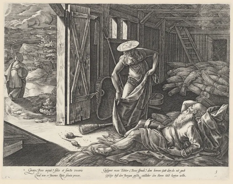 Ruth en Boaz in de graanschuur Wall Art by Hendrick Goltzius - High-Resolution Digital Print