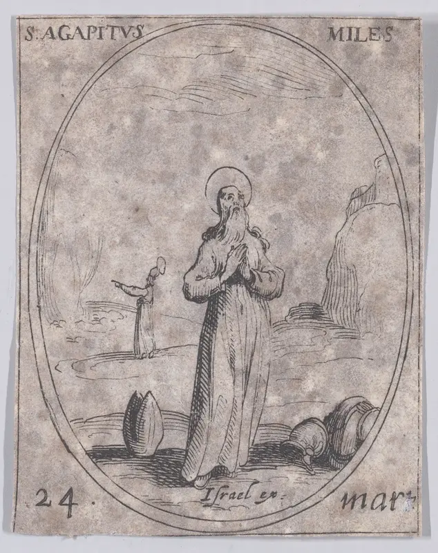 S. Agapit, soldat (St. Agapitus, Soldier), March 24th, from "Les Images De Tous Les Saincts et Saintes de L'Année" (Images of All of the Saints and Religious Events of the Year) Wall Art by Jacques Callot - High-Resolution Digital Print