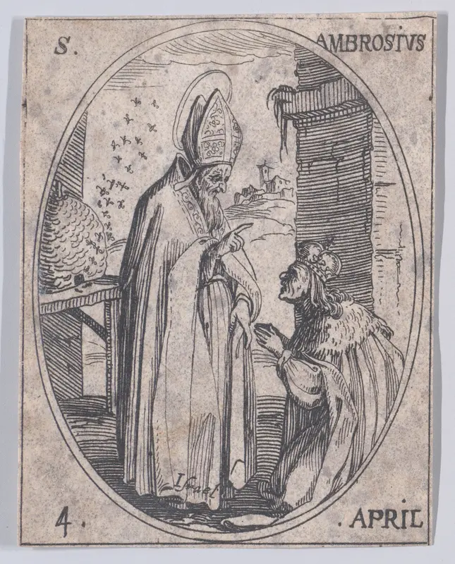 S. Ambroise (St. Ambrose), April 4th, from "Les Images De Tous Les Saincts et Saintes de L'Année" (Images of All of the Saints and Religious Events of the Year) Wall Art by Jacques Callot - High-Resolution Digital Print