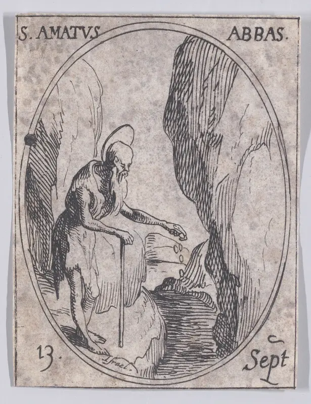 S. Amé, abbé (St. Amatus, Abbot), September 13th, from "Les Images De Tous Les Saincts et Saintes de L'Année" (Images of All of the Saints and Religious Events of the Year) Wall Art by Jacques Callot - High-Resolution Digital Print
