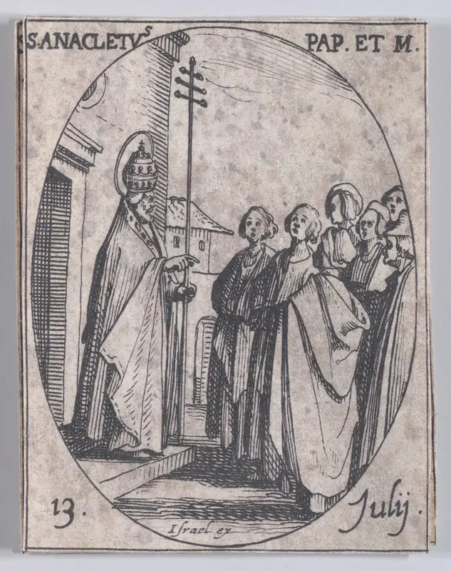 S. Anaclet, pape et martyr (St. Anacletus, Pope and Martyr), July 13th, from "Les Images De Tous Les Saincts et Saintes de L'Année" (Images of All of the Saints and Religious Events of the Year) Wall Art by Jacques Callot - High-Resolution Digital Print