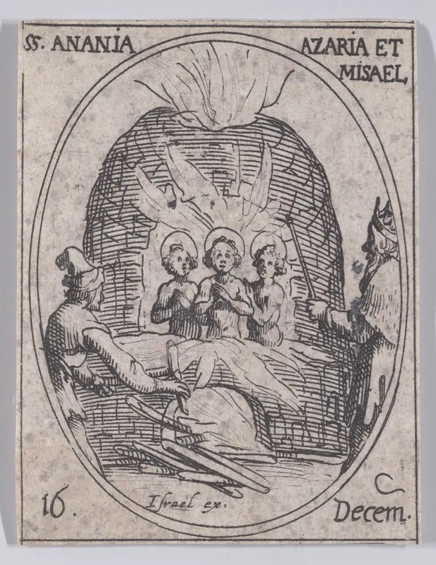 S. Ananie, S. Azarie et S. Misaël (St. Ananias, St. Azarius, and St. Misael), December 16th, from "Les Images De Tous Les Saincts et Saintes de L'Année" (Images of All of the Saints and Religious Events of the Year) Wall Art by Jacques Callot - High-Resolution Digital Print