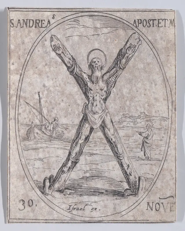 S. André, apotre et martyr (St. Andrew, Apostle and Martyr), November 30th, from "Les Images De Tous Les Saincts et Saintes de L'Année" (Images of All of the Saints and Religious Events of the Year) Wall Art by Jacques Callot - High-Resolution Digital Print