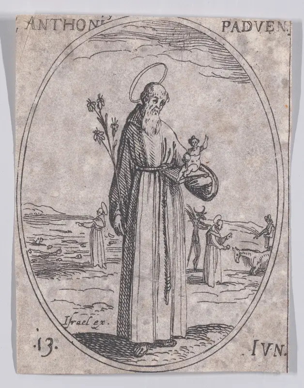 S. Antoine de Padue (St. Anthony of Padua), June 13th, from "Les Images De Tous Les Saincts et Saintes de L'Année" (Images of All of the Saints and Religious Events of the Year) Wall Art by Jacques Callot - High-Resolution Digital Print
