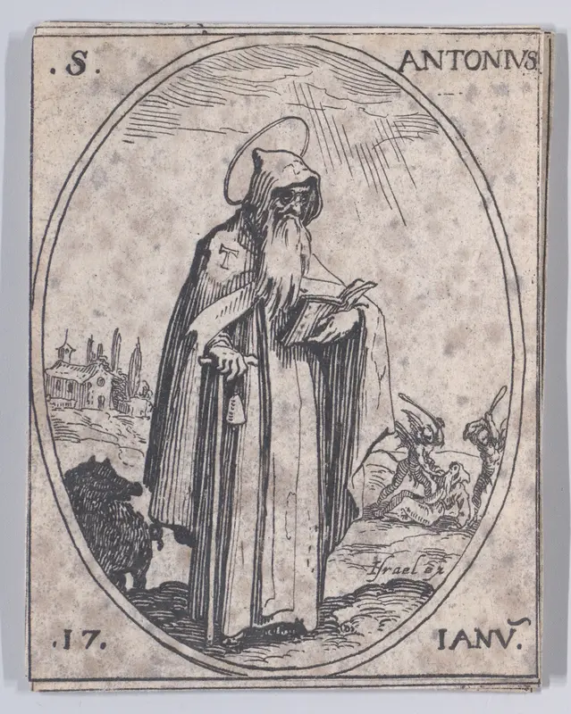 S. Antoine (St. Anthony), January 17th, from "Les Images De Tous Les Saincts et Saintes de L'Année" (Images of All of the Saints and Feast Days of the Year) Wall Art by Jacques Callot - High-Resolution Digital Print