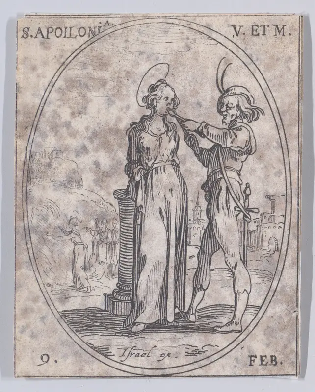 S. Apolline, vierge et martyre (St. Apollonia, Virgin and Martyr), February 9th, from "Les Images De Tous Les Saincts et Saintes de L'Année" (Images of All of the Saints and Feast Days of the Year) Wall Art by Jacques Callot - High-Resolution Digital Print
