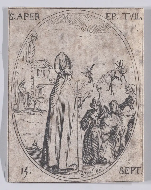 S. Apre, évêque de Toul (St. Aper (Aprus), Bishop of Toul), September 15th, from "Les Images De Tous Les Saincts et Saintes de L'Année" (Images of All of the Saints and Religious Events of the Year) Wall Art by Jacques Callot - High-Resolution Digital Print
