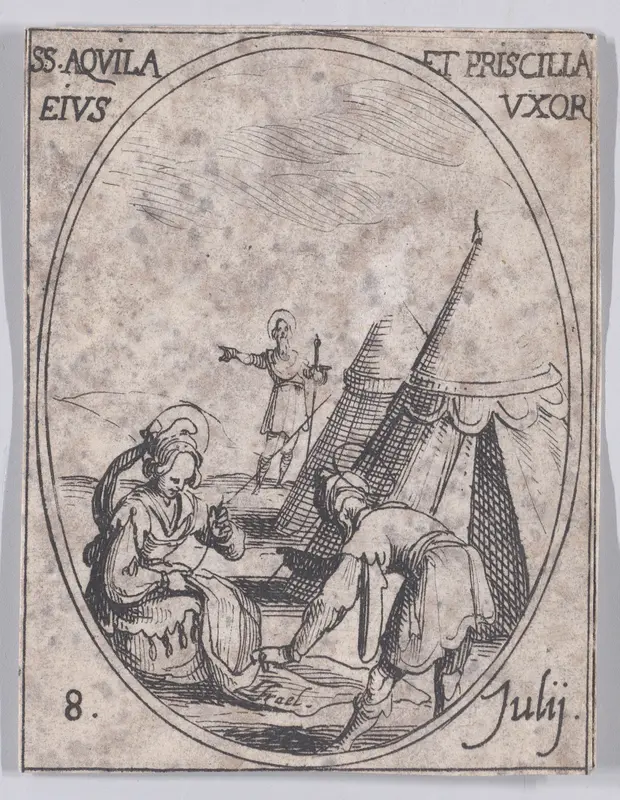 S. Aquilla et Se. Priscille, sa femme (St. Aquila and St. Priscilla, His Wife), July 8th, from "Les Images De Tous Les Saincts et Saintes de L'Année" (Images of All of the Saints and Feast Days of the Year) Wall Art by Jacques Callot - High-Resolution Digital Print