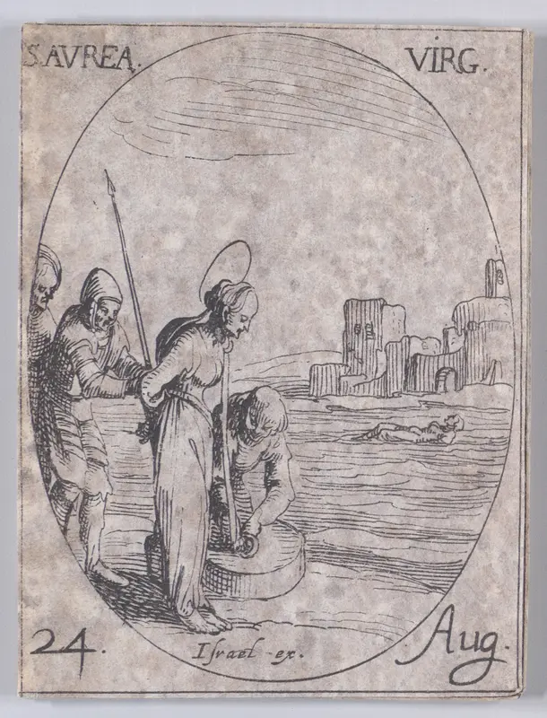 S. Aurée, vierge (St. Aurea, Virgin), August 24th, from "Les Images De Tous Les Saincts et Saintes de L'Année" (Images of All of the Saints and Religious Events of the Year) Wall Art by Jacques Callot - High-Resolution Digital Print
