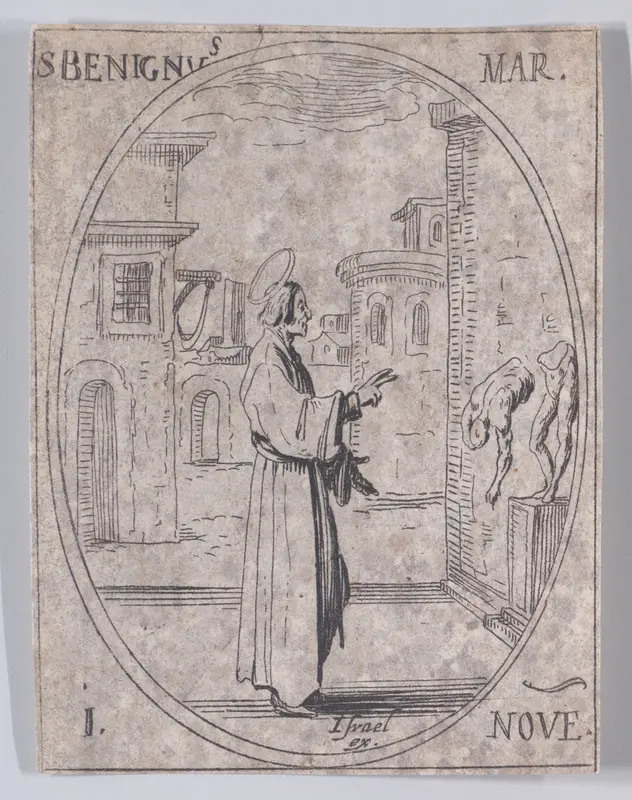 S. Béninge, martyr (St. Benignus, Martyr), from November 1st, from "Les Images De Tous Les Saincts et Saintes de L'Année" (Images of All of the Saints and Religious Events of the Year) Wall Art by Jacques Callot - High-Resolution Digital Print