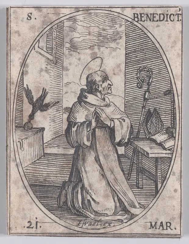 S. Benoit (St. Benedict), March 21st, from "Les Images De Tous Les Saincts et Saintes de L'Année" (Images of All of the Saints and Religious Events of the Year) Wall Art by Jacques Callot - High-Resolution Digital Print