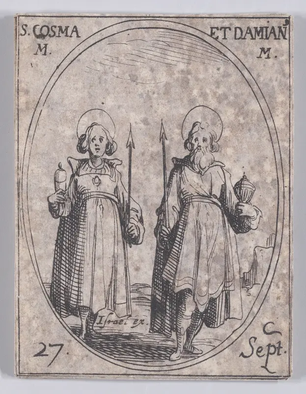 S. Cosme et S. Damien, martyrs (St. Cosmas and St. Damian, Martyrs), September 27th, from "Les Images De Tous Les Saincts et Saintes de L'Année" (Images of All of the Saints and Religious Events of the Year) Wall Art by Jacques Callot - High-Resolution Digital Print