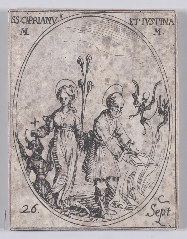 S. Cyprien et Ste. Justine, martyrs (St. Cyprian and St. Justina, Martyrs), September 26th, from "Les Images De Tous Les Saincts et Saintes de L'Année" (Images of All of the Saints and Religious Events of the Year) Wall Art by Jacques Callot - High-Resolution Digital Print