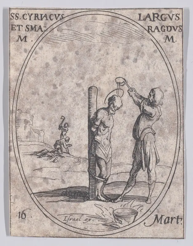 S. Cyriaque, S. Large et S. Smaragde (St. Cyriacus, St. Largus, and St. Smaragdus), March 16th, from "Les Images De Tous Les Saincts et Saintes de L'Année" (Images of All of the Saints and Religious Events of the Year) Wall Art by Jacques Callot - High-Resolution Digital Print