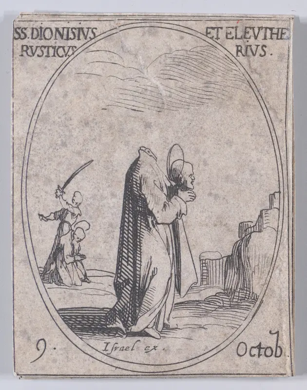 S. Denis, S. Rustique et S. Eleuthère (St. Denis, St. Rusticus, and St. Eleutherius), October 9th, from "Les Images De Tous Les Saincts et Saintes de L'Année" (Images of All of the Saints and Religious Events of the Year) Wall Art by Jacques Callot - High-Resolution Digital Print