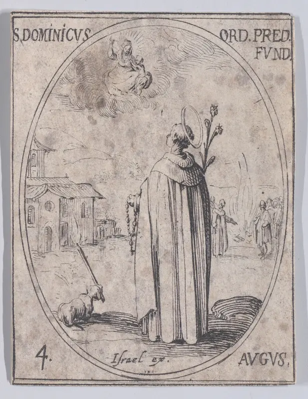 S. Dominique, fondateur de l'Ordre des Pères Prêcheurs (St. Dominic, Founder of the Order of Preachers), August 4th, from "Les Images De Tous Les Saincts et Saintes de L'Année" (Images of All of the Saints and Religious Events of the Year) Wall Art by Jacques Callot - High-Resolution Digital Print