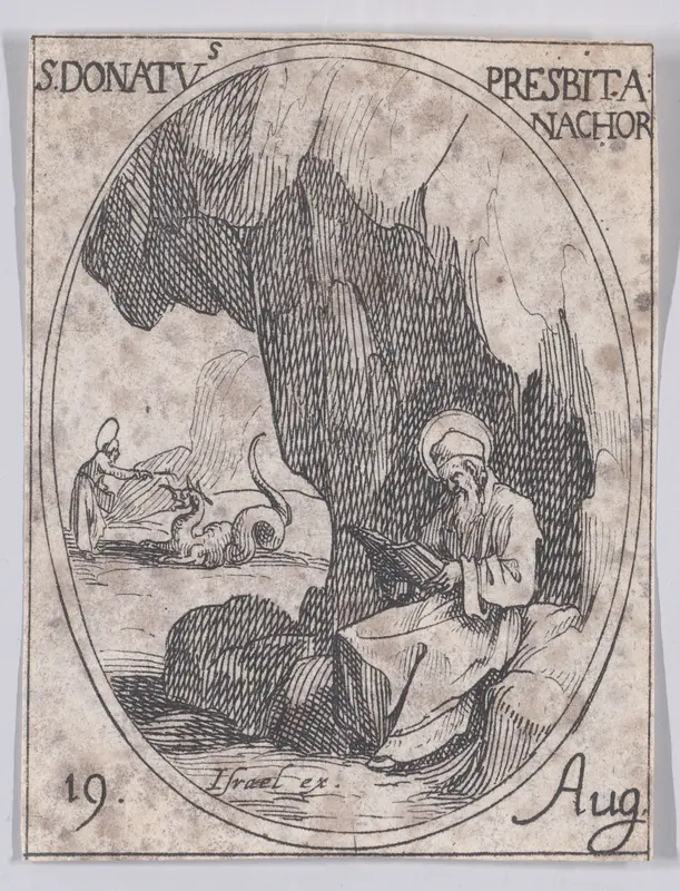 S. Donat, prêtre, anachorète (St. Donatus, Priest and Anchorite), August 19th, from "Les Images De Tous Les Saincts et Saintes de L'Année" (Images of All of the Saints and Religious Events of the Year) Wall Art by Jacques Callot - High-Resolution Digital Print