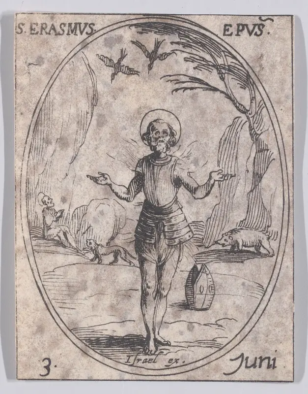 S. Erasme, évêque (St. Erasmus, Bishop), June 3rd, from "Les Images De Tous Les Saincts et Saintes de L'Année" (Images of All of the Saints and Religious Events of the Year) Wall Art by Jacques Callot - High-Resolution Digital Print