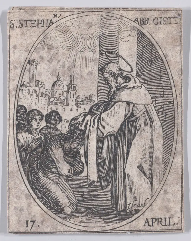 S. Etienne, abbé de Citeaux (St. Stephen, Abbot of Citeaux), April 17th, from "Les Images De Tous Les Saincts et Saintes de L'Année" (Images of All of the Saints and Religious Events of the Year) Wall Art by Jacques Callot - High-Resolution Digital Print