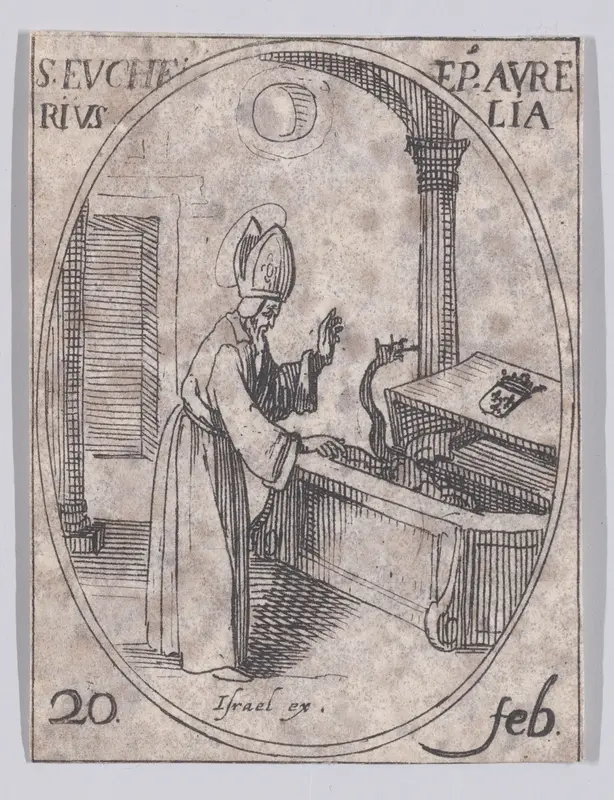 S. Eucher, évêque d'Orléans (St. Eucherius, Bishop of Orleans), February 20th, from "Les Images De Tous Les Saincts et Saintes de L'Année" (Images of All of the Saints and Religious Events of the Year) Wall Art by Jacques Callot - High-Resolution Digital Print