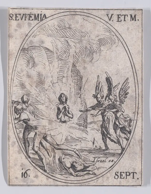 S. Euphémie, vierge et martyre (St. Euphemia, Virgin and Martyr), September 16th, from "Les Images De Tous Les Saincts et Saintes de L'Année" (Images of All of the Saints and Religious Events of the Year) Wall Art by Jacques Callot - High-Resolution Digital Print