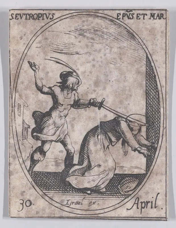 S. Eutrope, évêque et martyr (St. Eutropius, Bishop and Martyr), April 30th, from "Les Images De Tous Les Saincts et Saintes de L'Année" (Images of All of the Saints and Religious Events of the Year) Wall Art by Jacques Callot - High-Resolution Digital Print