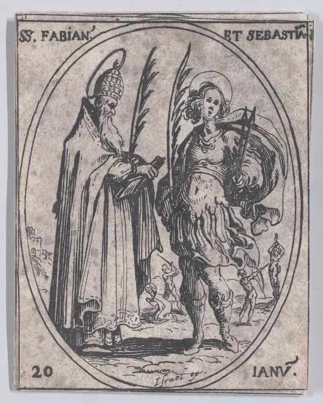 S. Fabien et S. Sébastien (St. Fabian and St. Sebastian), January 20th, from "Les Images De Tous Les Saincts et Saintes de L'Année" (Images of All of the Saints and Feast Days of the Year) Wall Art by Jacques Callot - High-Resolution Digital Print