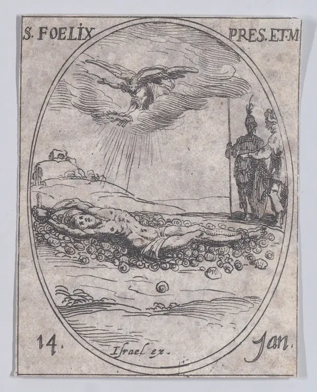 S. Félix, prètre et martyr (St. Felix, Priest and Martyr), January 14th, from "Les Images De Tous Les Saincts et Saintes de L'Année" (Images of All of the Saints and Feast Days of the Year) Wall Art by Jacques Callot - High-Resolution Digital Print