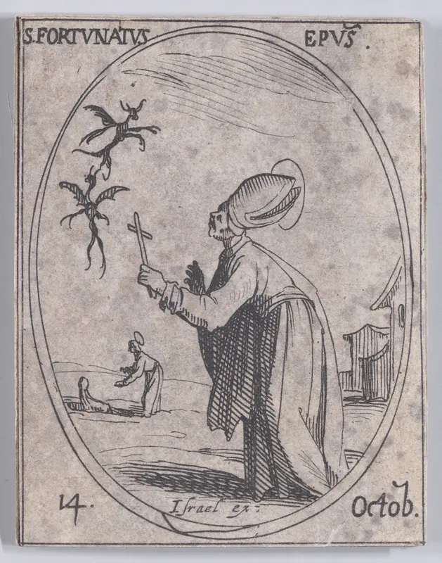 S. Fortunat, évêque (St. Fortunatus, Bishop), October 14th, from "Les Images De Tous Les Saincts et Saintes de L'Année" (Images of All of the Saints and Religious Events of the Year) Wall Art by Jacques Callot - High-Resolution Digital Print