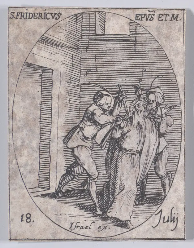 S. Frédéric, évêque et martyr (St. Frederick, Bishop and Martyr), July 18th, from "Les Images De Tous Les Saincts et Saintes de L'Année" (Images of All of the Saints and Religious Events of the Year) Wall Art by Jacques Callot - High-Resolution Digital Print