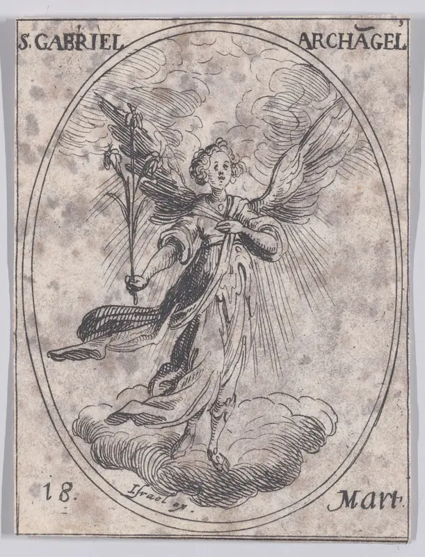 S. Gabriel, archange (St. Gabriel, Archangel), March 18th, from "Les Images De Tous Les Saincts et Saintes de L'Année" (Images of All of the Saints and Religious Events of the Year) Wall Art by Jacques Callot - High-Resolution Digital Print