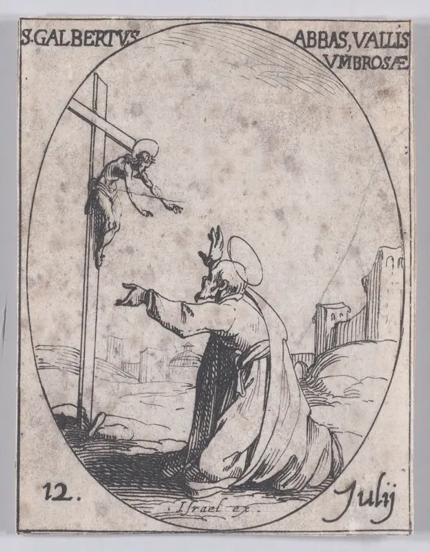 S. Galbert, abbé du Val d'Ombrose (St. John Gualbert, Abbot of Val d'Ombrose), July 12th, from "Les Images De Tous Les Saincts et Saintes de L'Année" (Images of All of the Saints and Religious Events of the Year) Wall Art by Jacques Callot - High-Resolution Digital Print