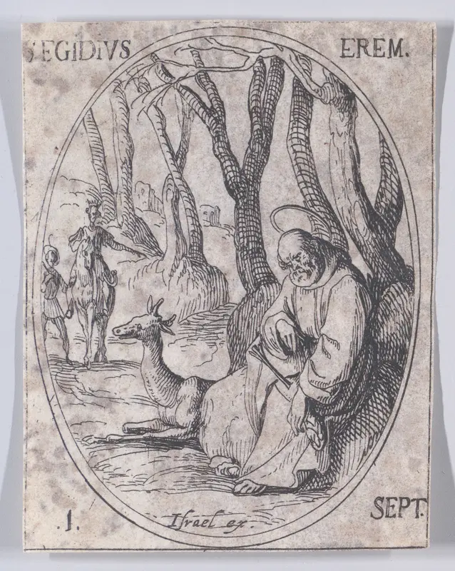 S. Gilles, ermite (St. Giles, Hermit), September 1st, from "Les Images De Tous Les Saincts et Saintes de L'Année" (Images of All of the Saints and Religious Events of the Year) Wall Art by Jacques Callot - High-Resolution Digital Print