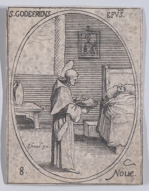 S. Godefroy, évêque (St. Godefroy, Bishop), November 8th, from "Les Images De Tous Les Saincts et Saintes de L'Année" (Images of All of the Saints and Religious Events of the Year) Wall Art by Jacques Callot - High-Resolution Digital Print
