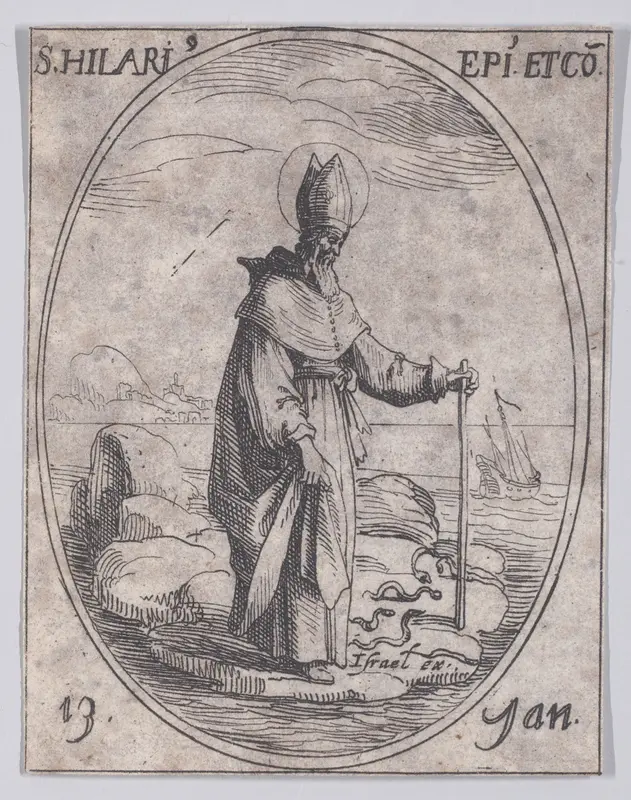S. Hilaire, évêque et confesseur (St. Hilary, Bishop and Confessor), January 13th, from "Les Images De Tous Les Saincts et Saintes de L'Année" (Images of All of the Saints and Feast Days of the Year) Wall Art by Jacques Callot - High-Resolution Digital Print