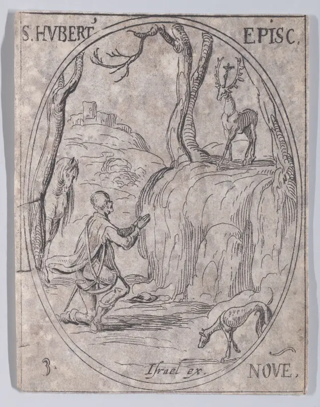S. Hubert, évêque (St. Hubert, Bishop), from November 3rd, from "Les Images De Tous Les Saincts et Saintes de L'Année" (Images of All of the Saints and Religious Events of the Year) Wall Art by Jacques Callot - High-Resolution Digital Print