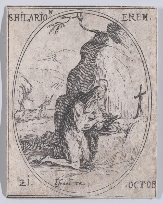 S. Ilarion, ermite (St. Hilarion, Hermit), October 21st, from "Les Images De Tous Les Saincts et Saintes de L'Année" (Images of All of the Saints and Religious Events of the Year) Wall Art by Jacques Callot - High-Resolution Digital Print