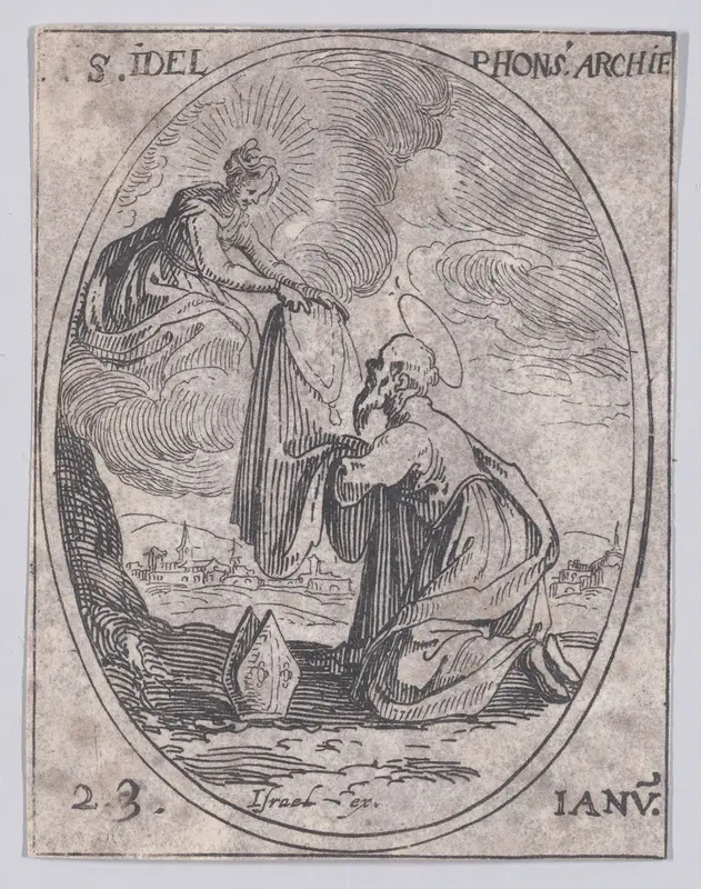 S. Ildelfonse, archevêque (St. Ildefonsus, Archbishop), January 23rd, from "Les Images De Tous Les Saincts et Saintes de L'Année" (Images of All of the Saints and Feast Days of the Year) Wall Art by Jacques Callot - High-Resolution Digital Print