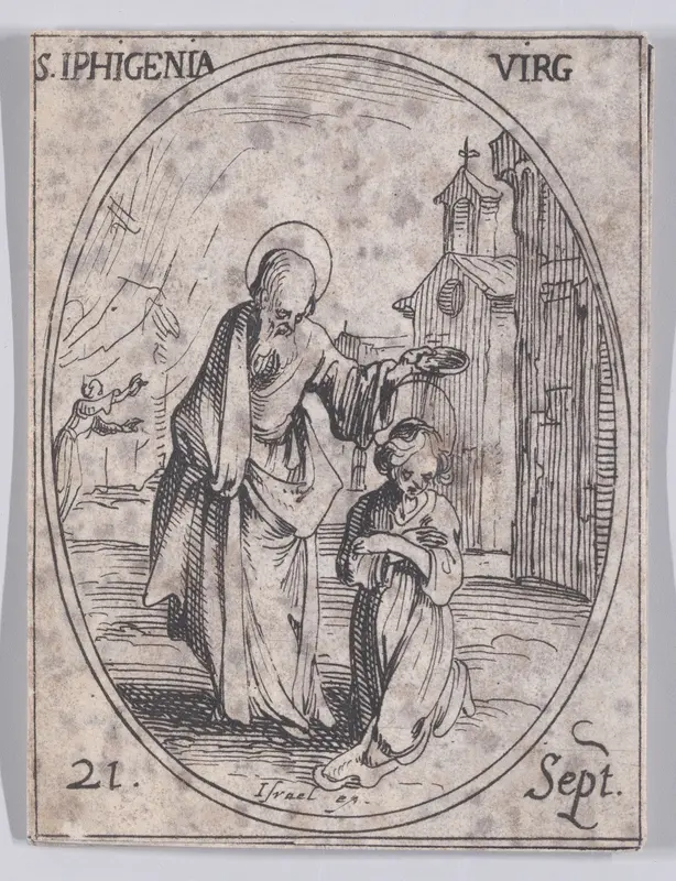 S. Iphigénie, vierge (St. Iphigenia, Virgin), September 21st, from "Les Images De Tous Les Saincts et Saintes de L'Année" (Images of All of the Saints and Religious Events of the Year) Wall Art by Jacques Callot - High-Resolution Digital Print