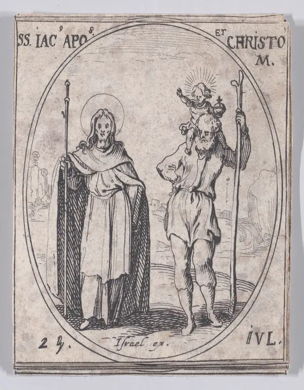 S. Jacques, apôtre et S. Christope (St. James, Apostle and St. Christopher), July 25th, from "Les Images De Tous Les Saincts et Saintes de L'Année" (Images of All of the Saints and Religious Events of the Year) Wall Art by Jacques Callot - High-Resolution Digital Print