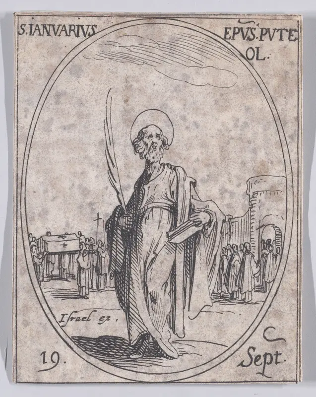S. Janvier, évêque de Pouzzoles (St. Januarius, Bishop of Pouzzoles), September 19th, from "Les Images De Tous Les Saincts et Saintes de L'Année" (Images of All of the Saints and Religious Events of the Year) Wall Art by Jacques Callot - High-Resolution Digital Print