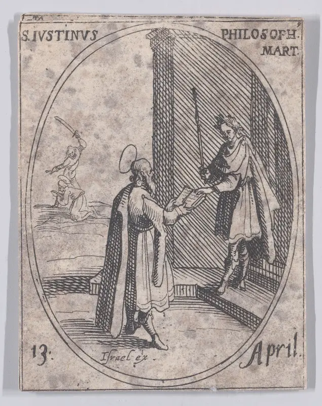 S. Justin, philosophe (St. Justin, Philosopher), April 13th, from "Les Images De Tous Les Saincts et Saintes de L'Année" (Images of All of the Saints and Religious Events of the Year) Wall Art by Jacques Callot - High-Resolution Digital Print
