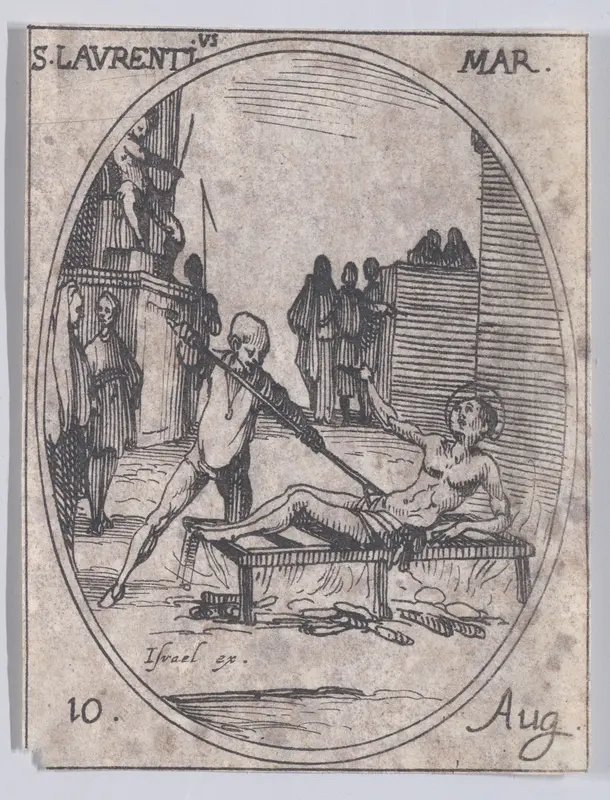 S. Laurent, martyr (St. Lawrence, Martyr), August 10th, from "Les Images De Tous Les Saincts et Saintes de L'Année" (Images of All of the Saints and Religious Events of the Year) Wall Art by Jacques Callot - High-Resolution Digital Print