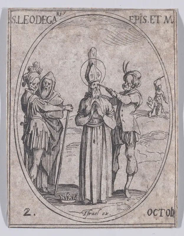 S. Léger, évêque et martyr (St. Leger, Bishop and Martyr), October 2nd, from "Les Images De Tous Les Saincts et Saintes de L'Année" (Images of All of the Saints and Religious Events of the Year) Wall Art by Jacques Callot - High-Resolution Digital Print