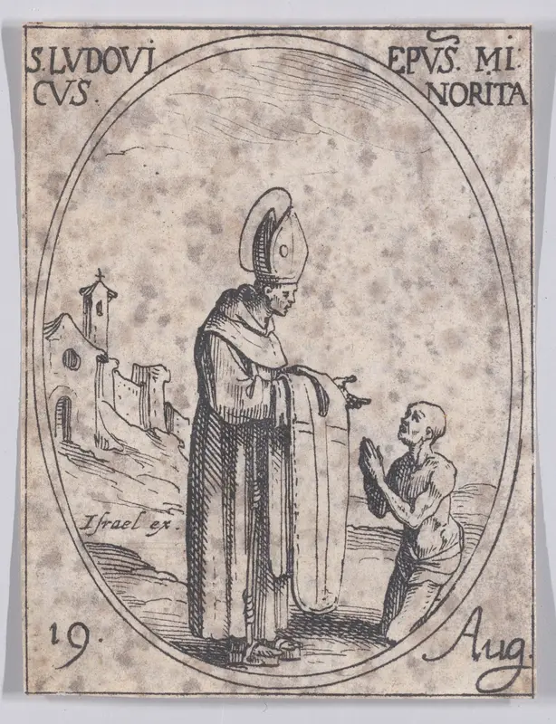S. Louis, évêque (St. Louis, Bishop), August 19th, from "Les Images De Tous Les Saincts et Saintes de L'Année" (Images of All of the Saints and Religious Events of the Year) Wall Art by Jacques Callot - High-Resolution Digital Print